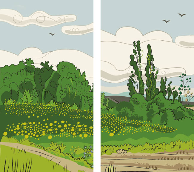 Detalles paisajes del Lluçanès, dibujo de Montse Noguera